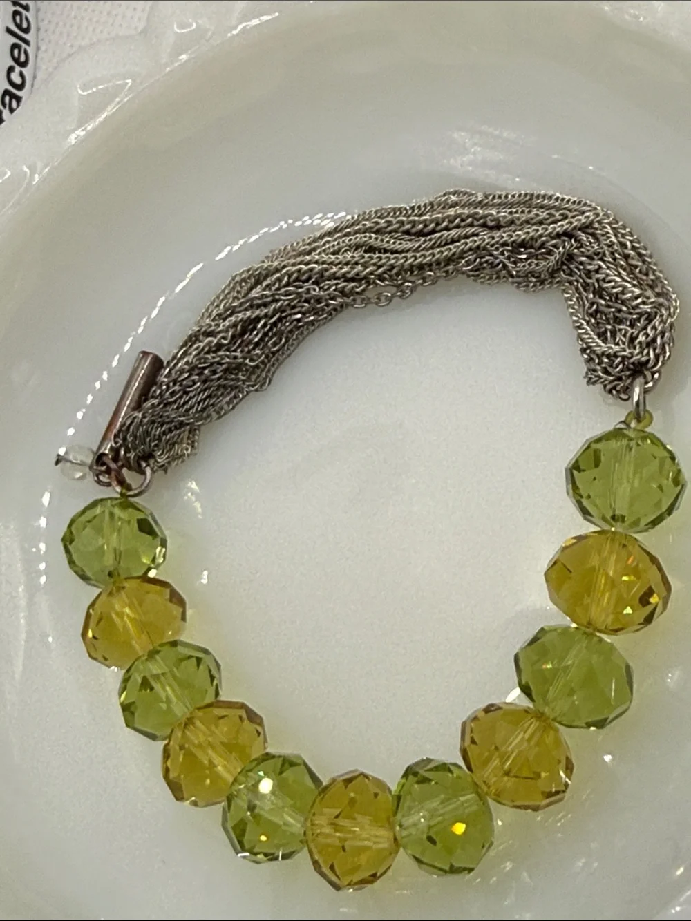 Kenneth Cole faceted Green Yellow Crystal Bead Bracelet silvertone stretch